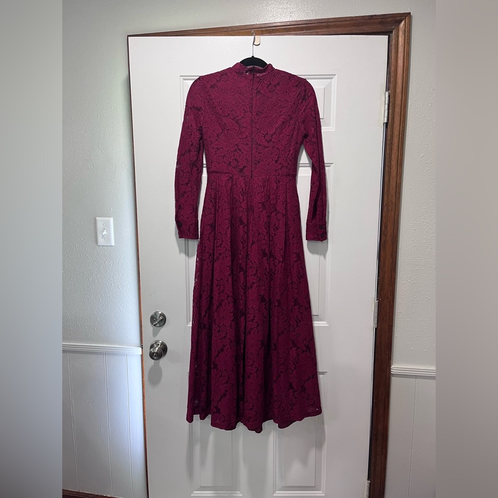 SOLD MAROON Long sleeve She’s LACE DRESS Tie Front Zip up Size Small BURGANDY - Picture 2 of 14